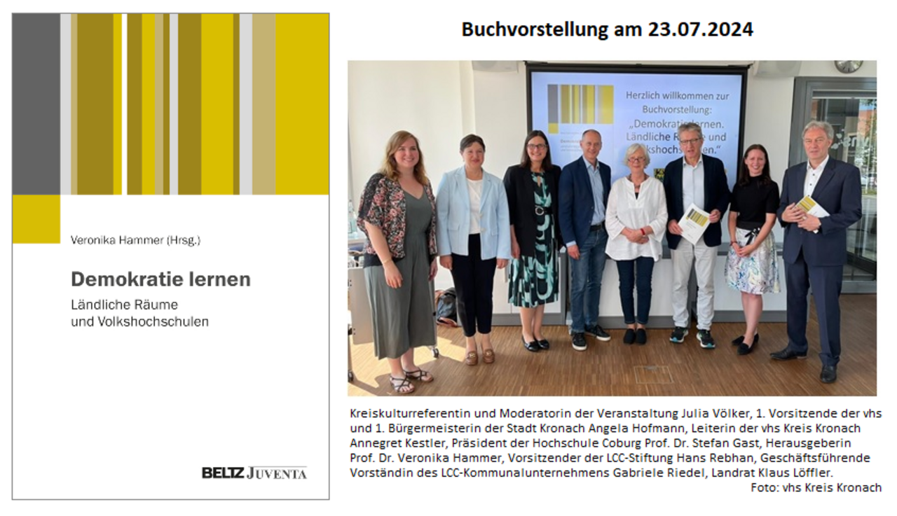 Buchvorstellung: Cover von "Demokratie lernen. Ländliche Räume und Volkshochschulen." und die Beteiligten bei der Vorstellung des Buches